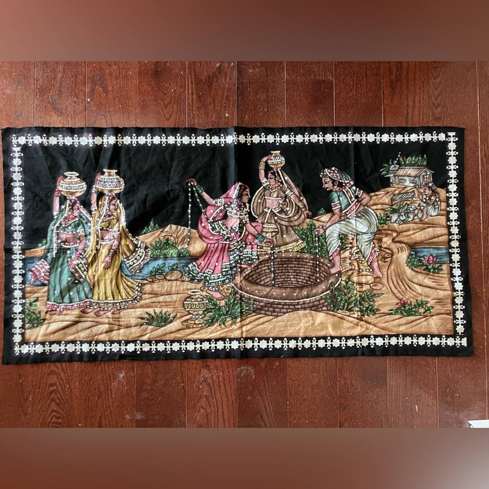 Indian Tapestry Wall Art Vintage Rare Hindu Art Handmade Sequins Women Well